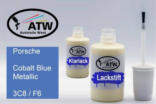 Porsche, Cobalt Blue Metallic, 3C8 / F6: 20ml Lackstift + 20ml Klarlack - Set, von ATW Autoteile West.